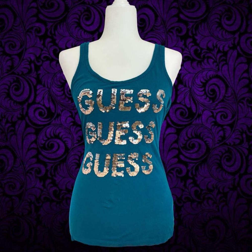 NWOT Y2k Teal Sequin Bling Guess Tank Top ~ Size XS/S